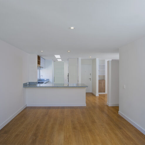 Vista general de apartamento: sala, comedor, cocina y family room