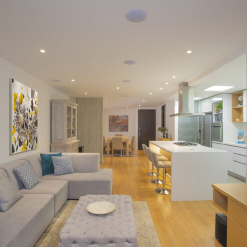 Vista general: sala, cocina y comedor